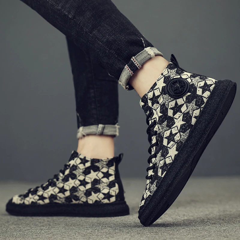 2025新款男鞋高帮鞋男帆布鞋男鞋潮鞋百搭休闲鞋男韩版板鞋星星鞋