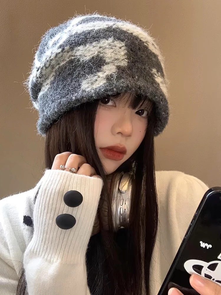 针织毛线堆堆帽女冬季日系百搭大头围冷帽显脸小保暖帽子潮