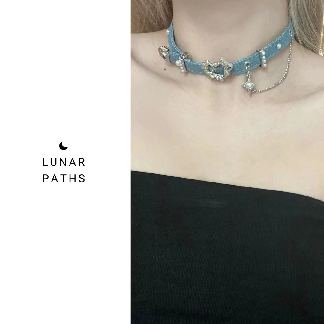 铜合金布艺项链 牛仔系列贝珠爱心扣小众设计高级感choker锁骨链