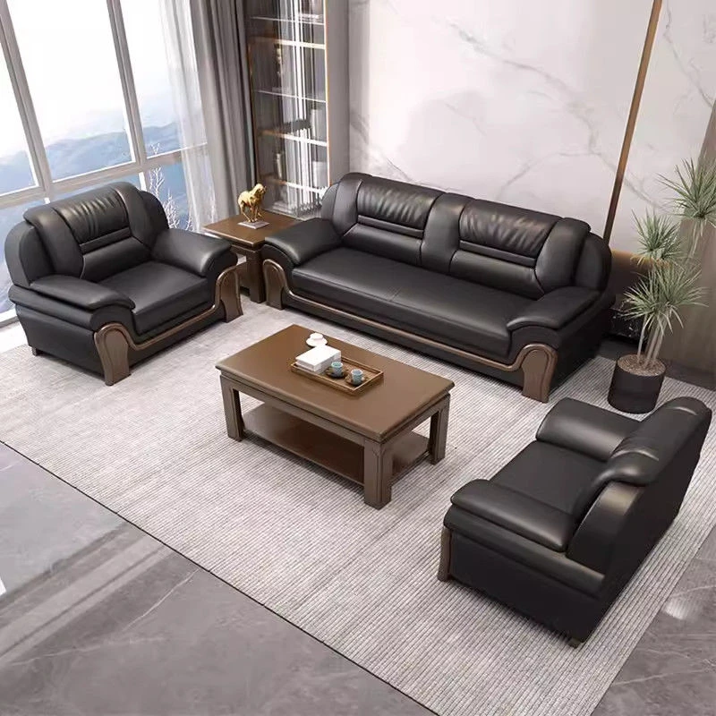 办公室沙发接待会客黑色真皮三人座休闲区可睡躺商务洽谈茶几组合