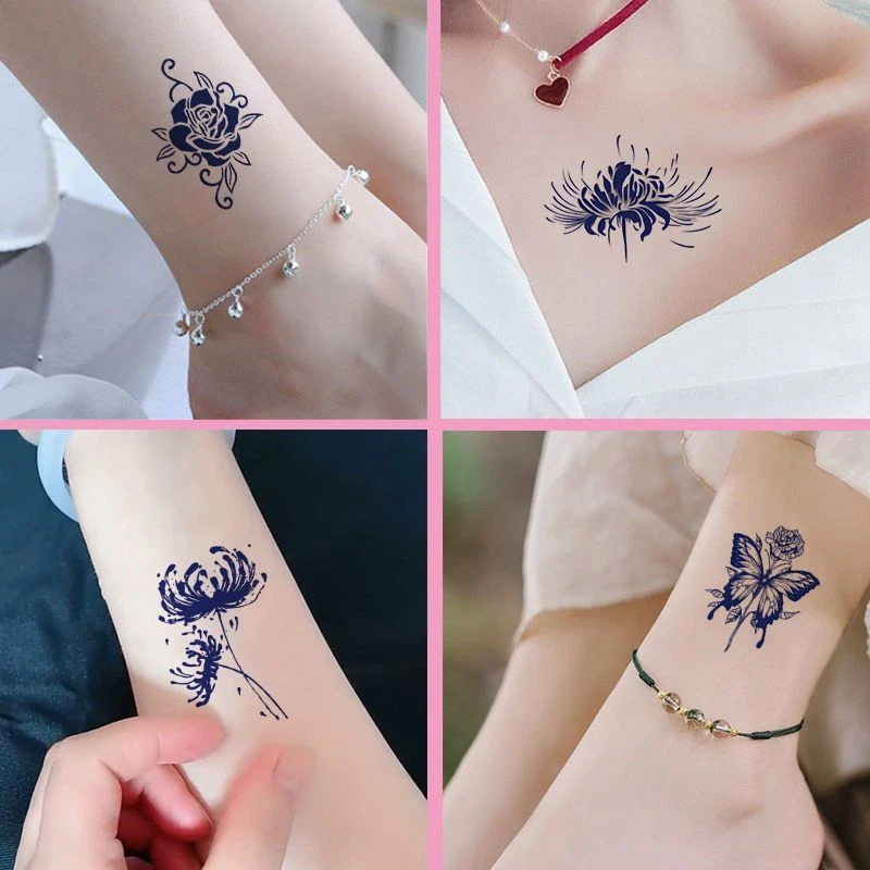 彼岸花草本果汁纹身贴防水持久女洗不掉不反光锁骨胸前花朵蝴蝶贴