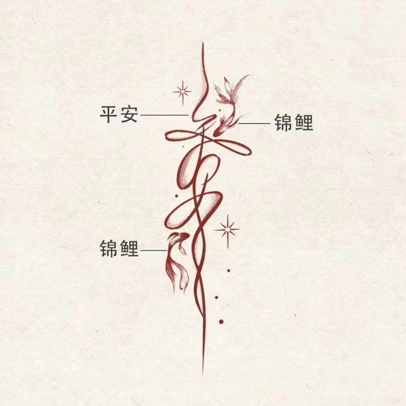 国风汉字平安锦鲤如愿自由福红色汉字纹身贴手臂手腕学锁骨贴可洗