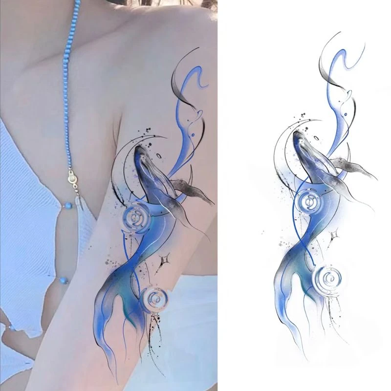 蓝色魅鲸高颜值彩色纹身贴持久防水纯欲性感辣妹手臂大腿男女同款