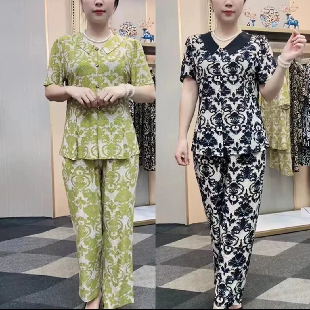 时尚短袖套装妈妈装大码女装新款夏季2024舒适显瘦两件套减龄印花