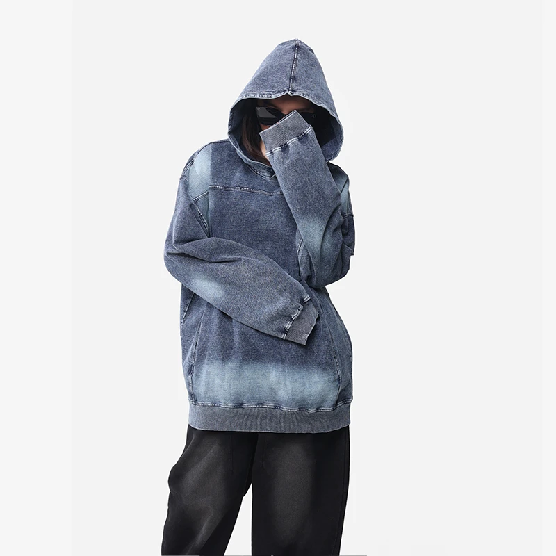 春夏新款美式情侣连帽牛仔卫衣水洗渐变牛仔外套复古潮流宽松上衣