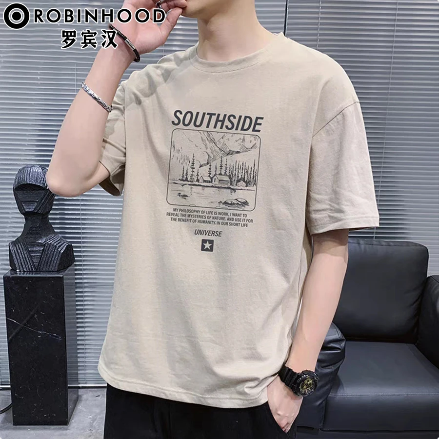 罗宾汉夏季新款重磅纯棉男士短袖t恤男潮牌宽松圆领半袖打底衫