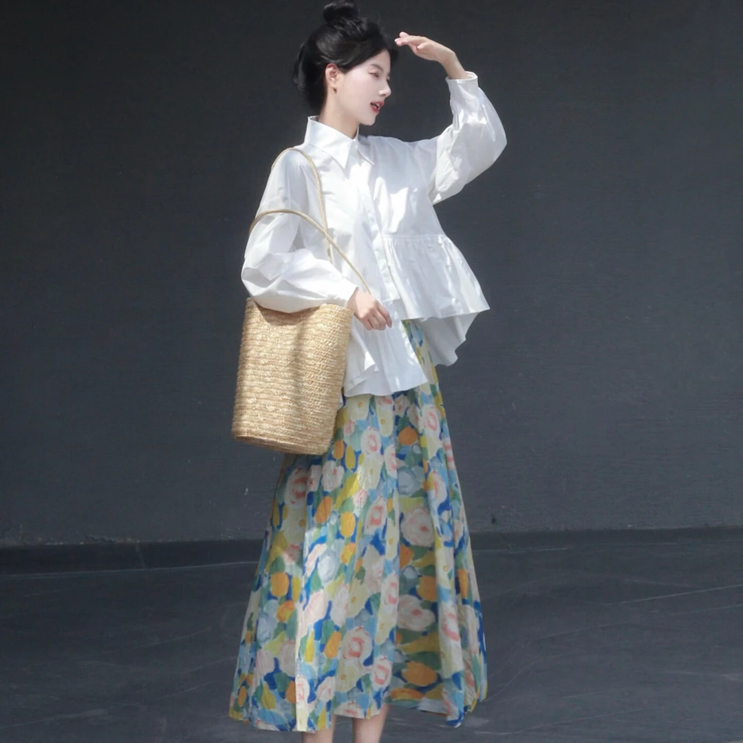 春夏季穿搭一整套女法式桔梗设计不规则白衬衣花朵半身裙两件套装