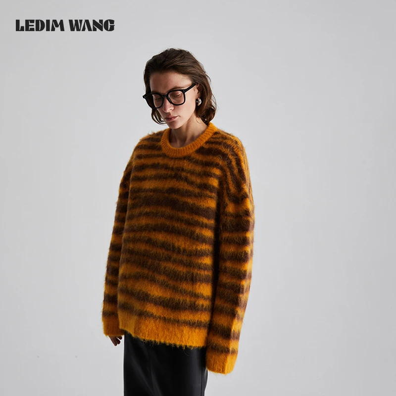 1LEDIM WANG【明星同款】动物纹提花宽松毛衣女2024冬季慵懒高级感