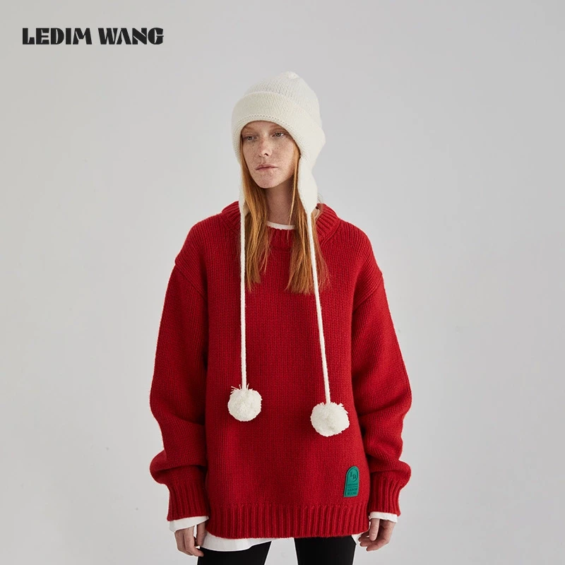 1LEDIM WANG白色毛球针织帽女2024冬新款氛围感保暖百搭毛绒帽子