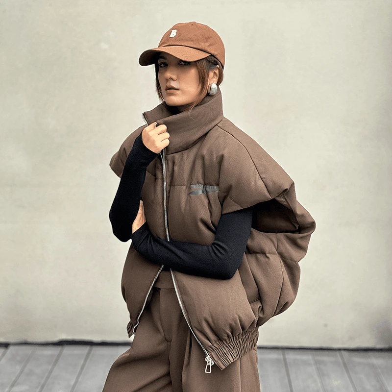 1LEDIM WANG2023秋冬新款立领阔形印花宽松加厚保暖短款马甲