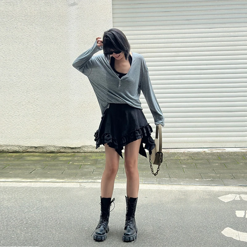 1LEDIM WANG两件套宽松T恤2024秋季新款小众设计感两件套挂脖背心