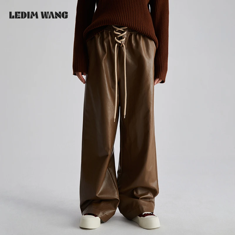 1LEDIM WANG【明星同款】棕色皮裤女2024秋季直筒裤宽松松紧长裤