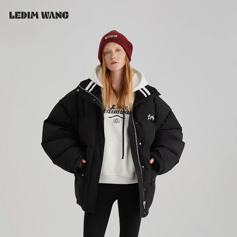 1LEDIM WANG【明星同款】美式印花短款保暖羽绒服女24黑白撞色外套