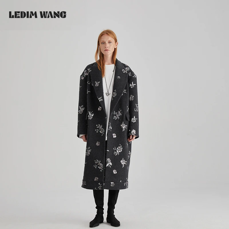 1LEDIM WANG珠片重工毛呢外套女2024冬季新款高级感时尚长款大衣