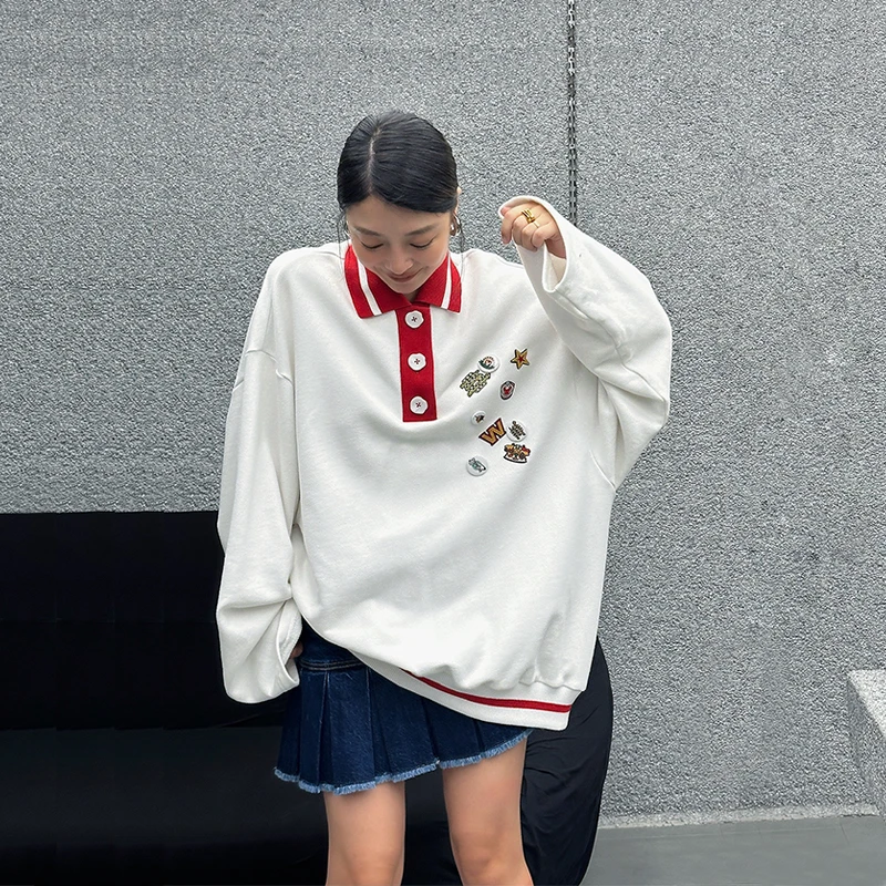 1LEDIM WANG【明星同款】美式学院风oversize卫衣女白色上衣24秋季