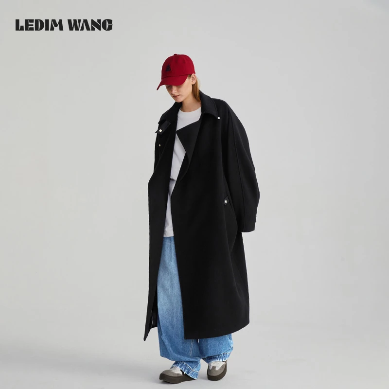 1LEDIM WANG黑色蝙蝠袖毛呢外套女2024冬季新款氛围感宽松版大衣