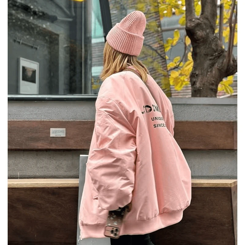 1LEDIMWANG粉色韩版宽松百搭阔版棒球棉服秋冬休闲短款外套