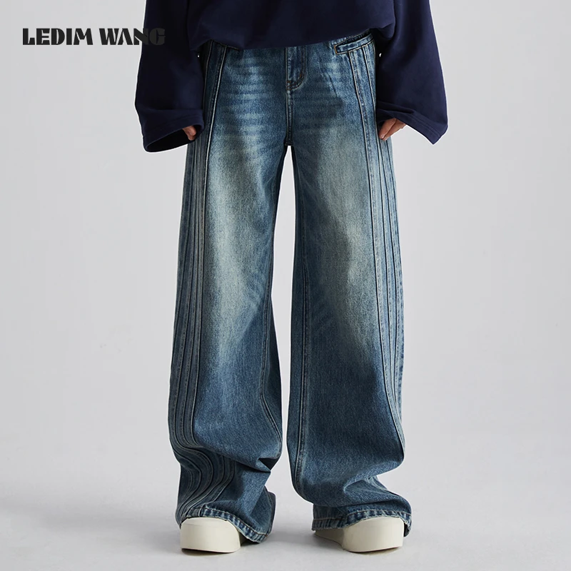 1LEDIM WANG立体梗牛仔裤女2024秋季新款美式复古水洗直筒长裤
