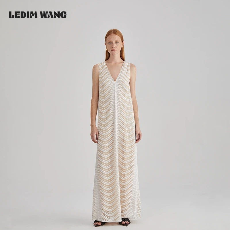1LEDIM WANG法式亮片白色连衣裙女冬季新款松弛感内搭小众长裙