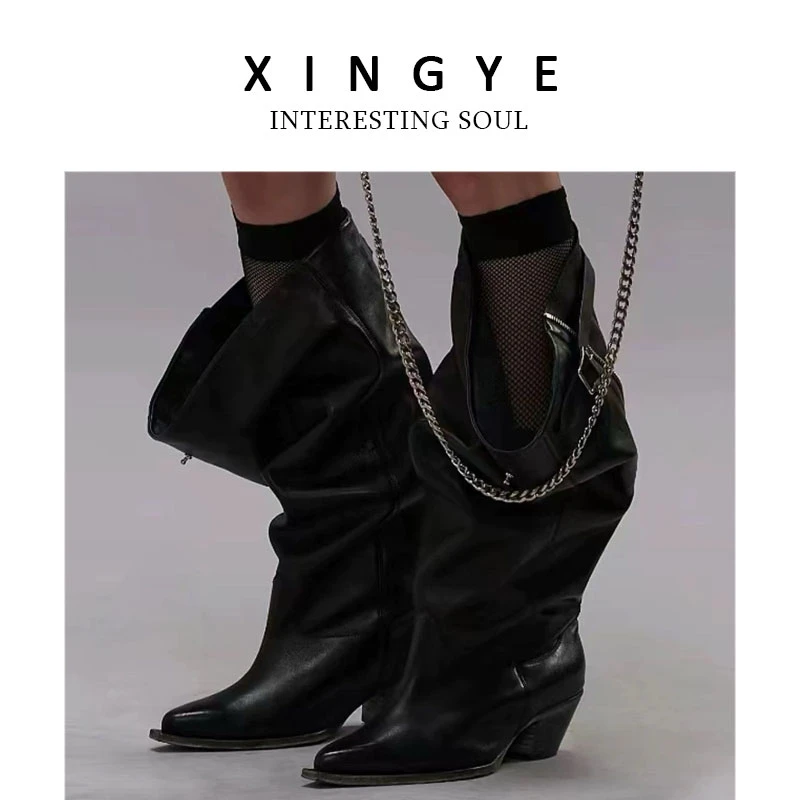 XINGYE【巴黎走秀时装靴】尖头西部牛仔靴子牛皮欧美风堆堆靴