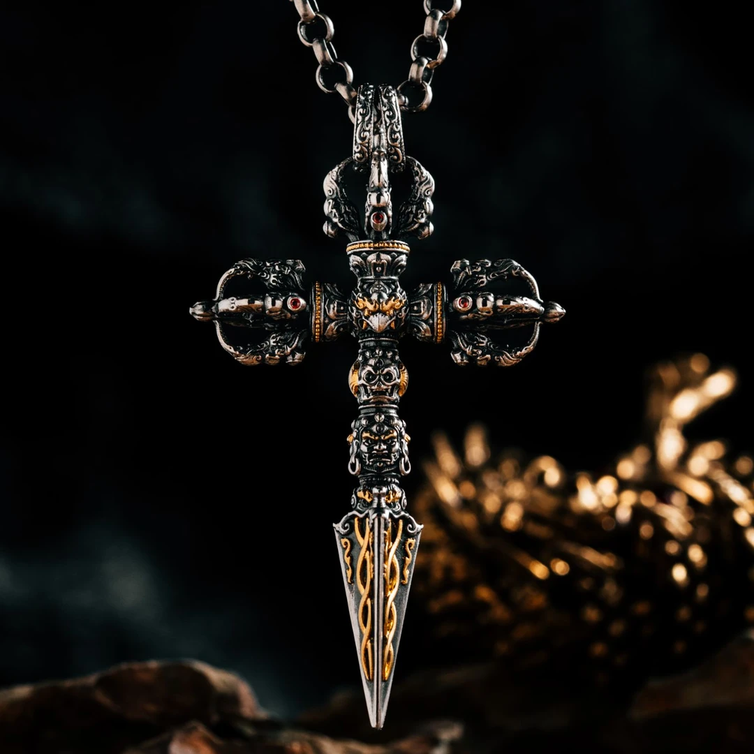 BENJIANG/本匠 吊坠925银 须弥金刚橛贴金版普巴杵藏传手工男士