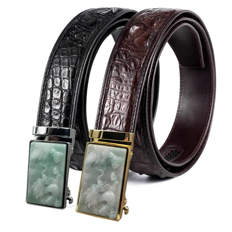 正品泰国皮腰带男天然翡翠玉石镶嵌自动扣皮带扣头真皮裤带
