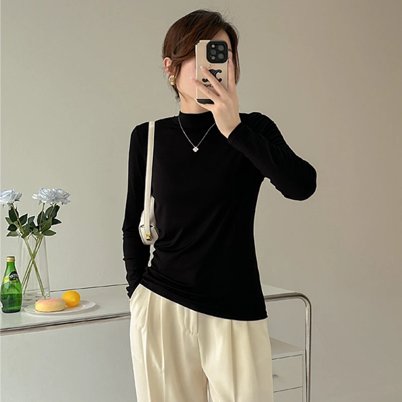 (半高领)水溶细羊打底衫女长袖秋冬韩版上衣纯色修身亲肤内搭小衫