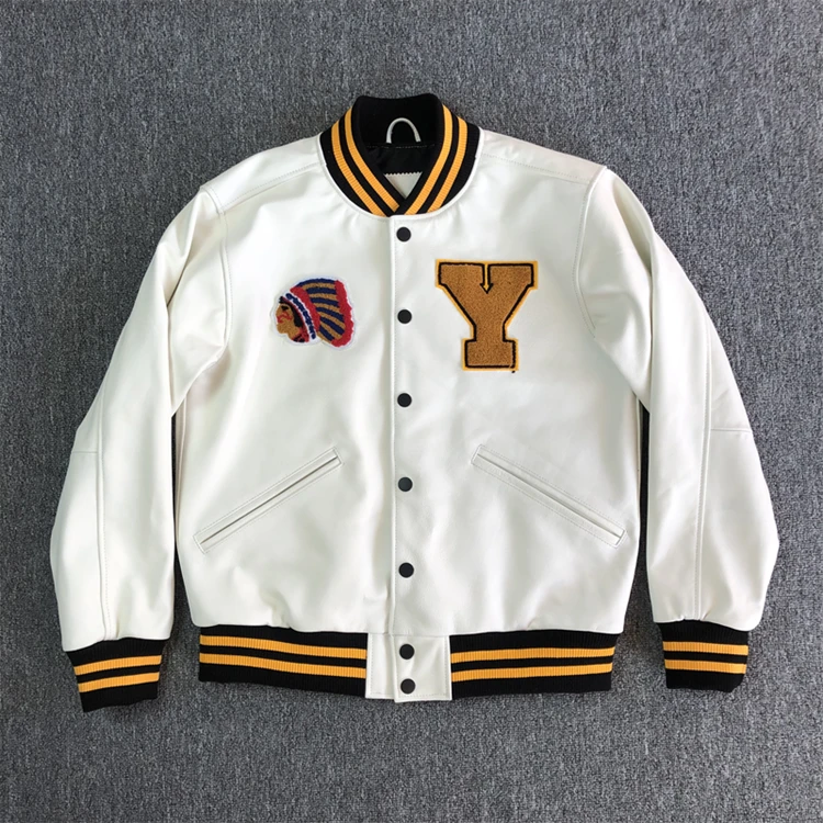 白色美单宽松棒球服头层牛皮夹克字母真皮皮衣男刺绣外套加肥加大