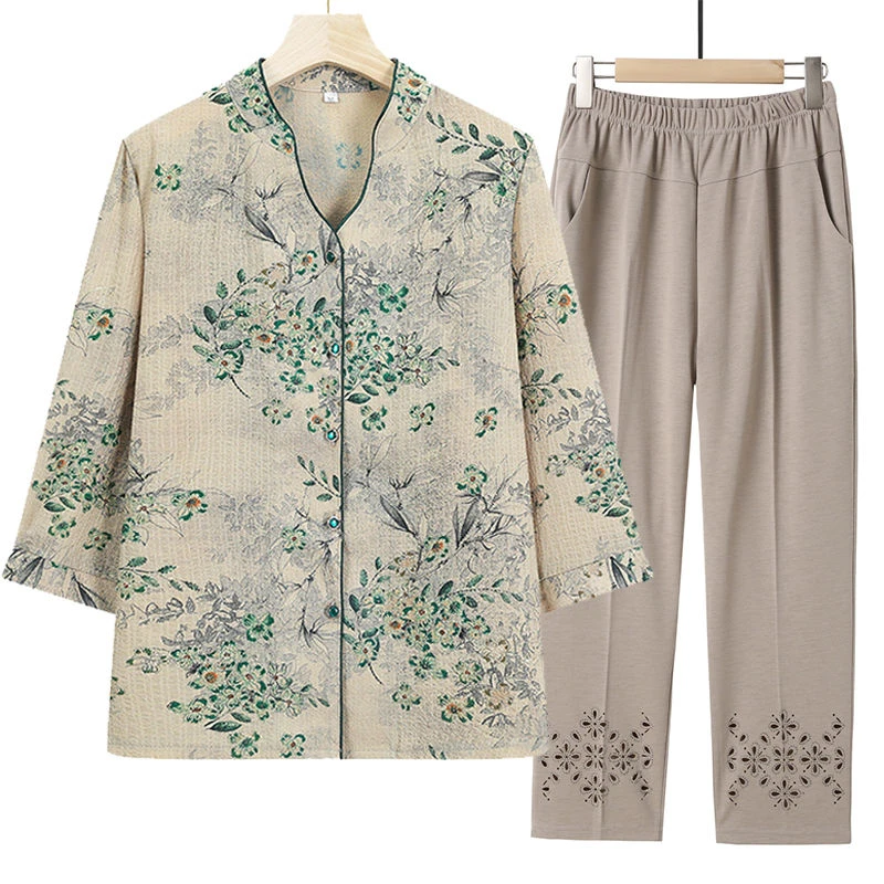 妈妈夏装七分袖衬衣中老年女装夏季上衣衬衫老太太衣服奶奶套装
