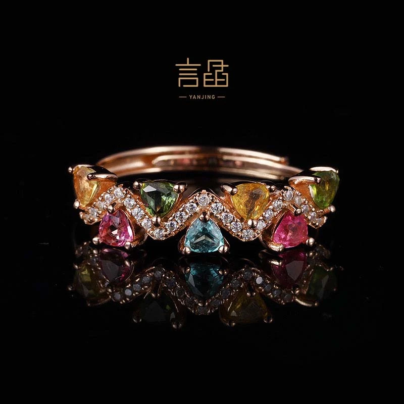 言晶珠宝S925银镶嵌设计款时尚轻奢彩色天然碧玺戒指3*3mm*7 4027