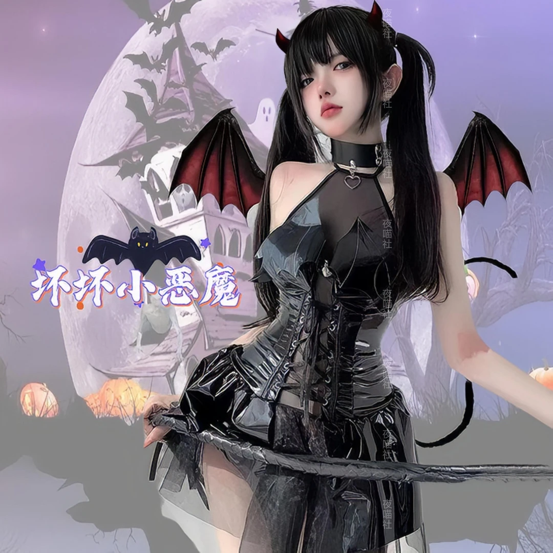 漆皮御姐动漫魔女蓬蓬裙网纱亮面挂脖款式欧美暗黑连衣裙性感套