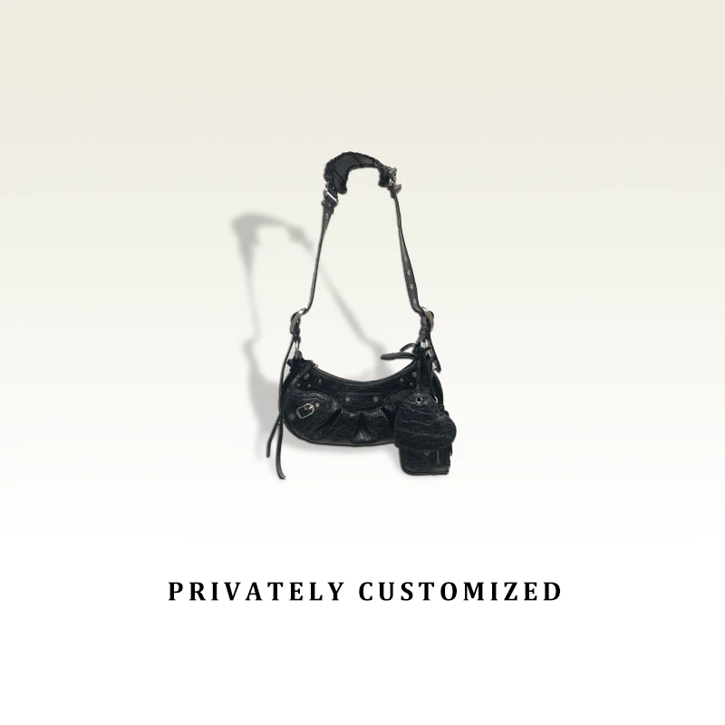 高定单肩斜跨时尚轻奢百搭潮流休闲女包爆裂纹黑色