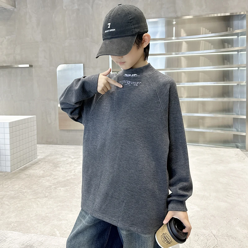 童装儿童秋冬季深灰色德绒半高领打底衫中大童男童秋冬款T恤保暖