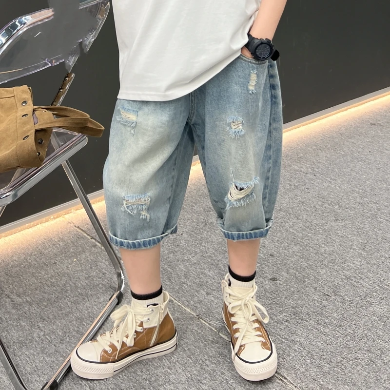 童装男童夏季破洞牛仔中裤儿童夏款五分裤男孩子夏天裤子中大童潮