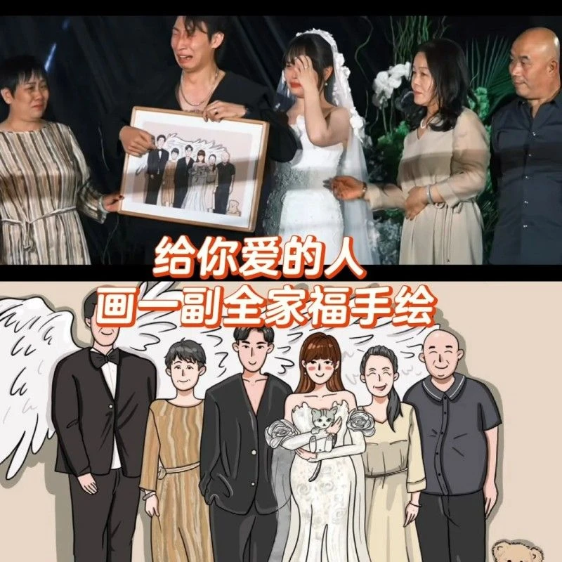 再见老张同款卡通手绘多人合照转动漫画diy全家福纪念灯光画