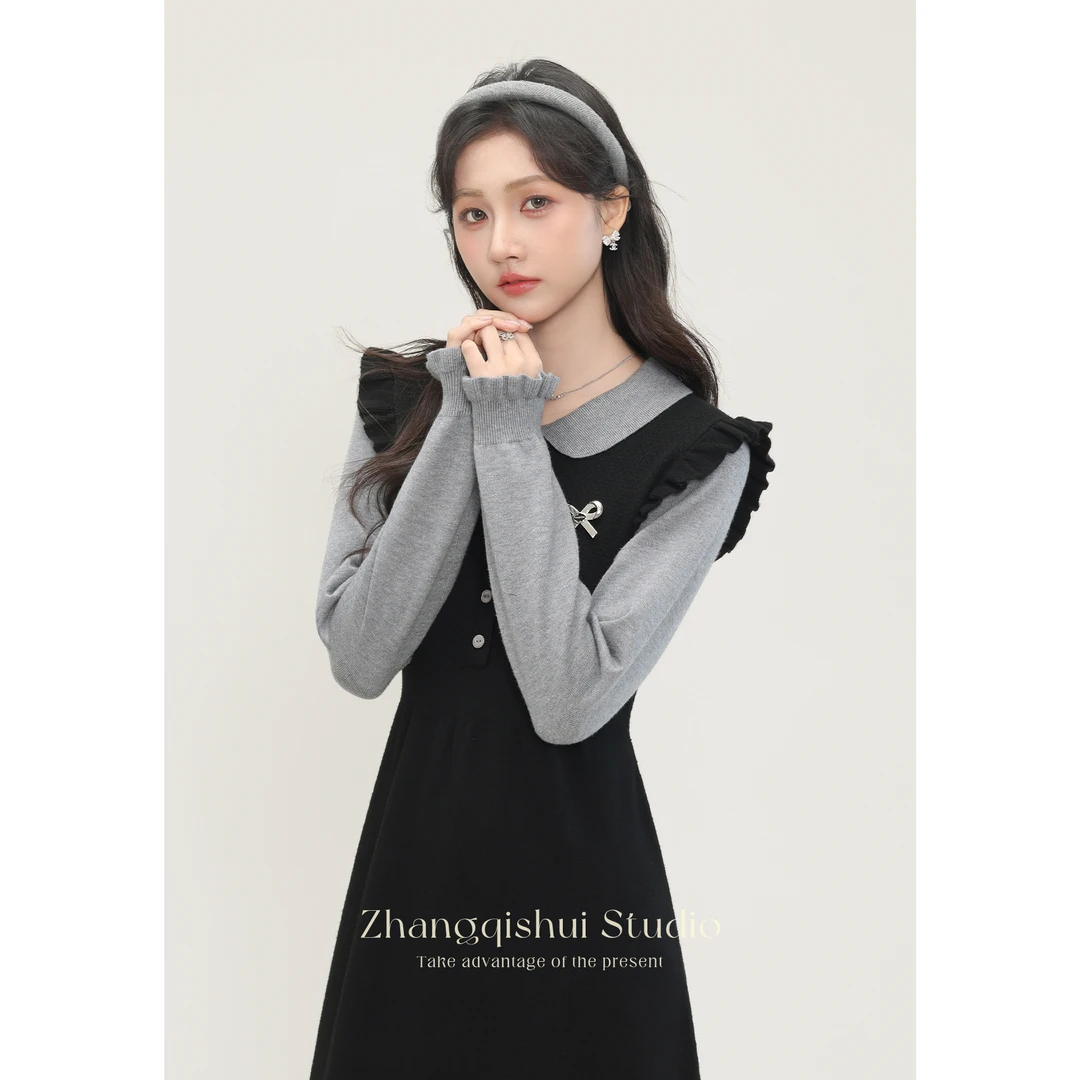张汽水2024秋冬新款黑色假两件拼接连衣裙女气质收腰修身长袖裙子