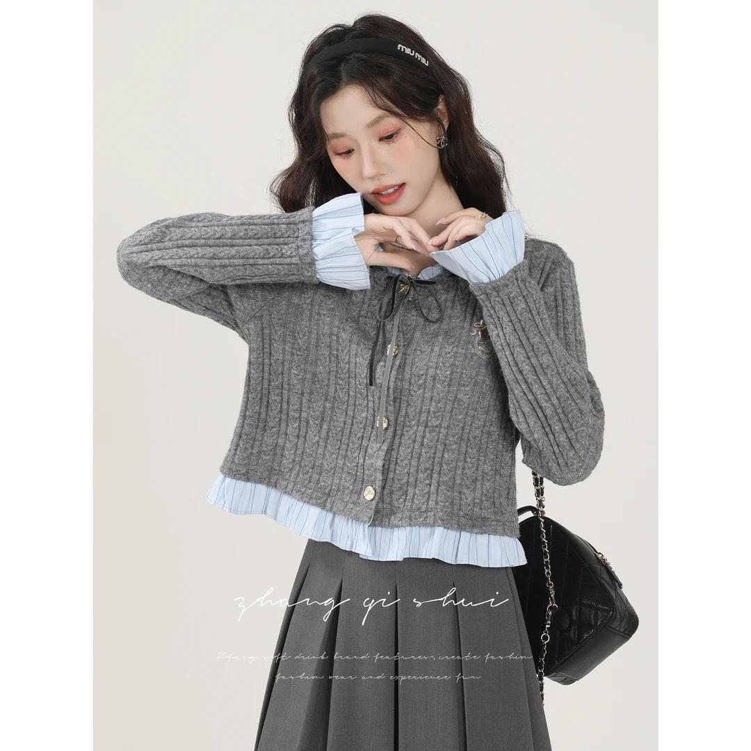 张汽水《蝴蝶结日记》秋冬季新款灰色假两件设计感拼接针织开衫女