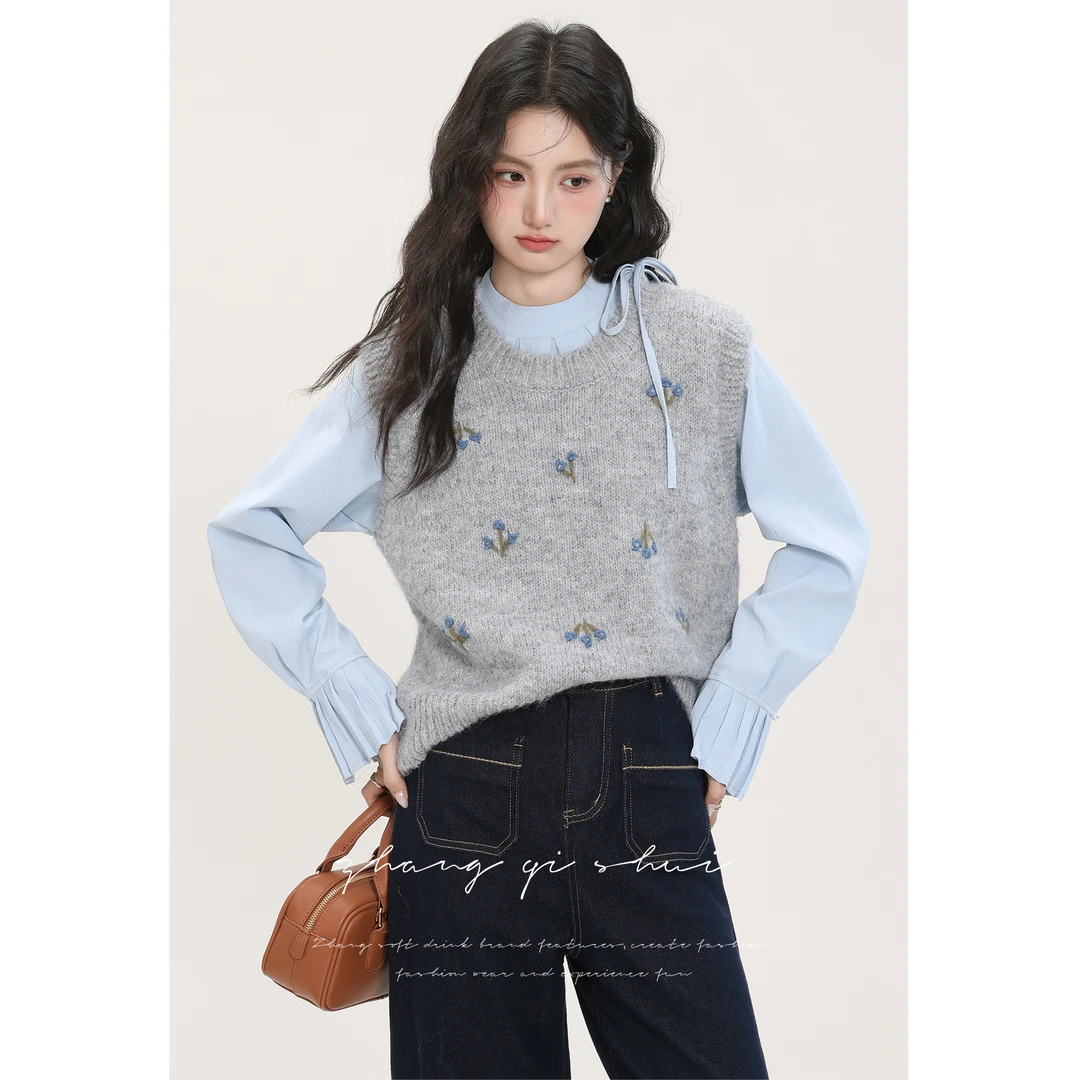 张汽水《蓝色格调》蓝色长袖绑带衬衫叠穿针织马甲背心Z12922