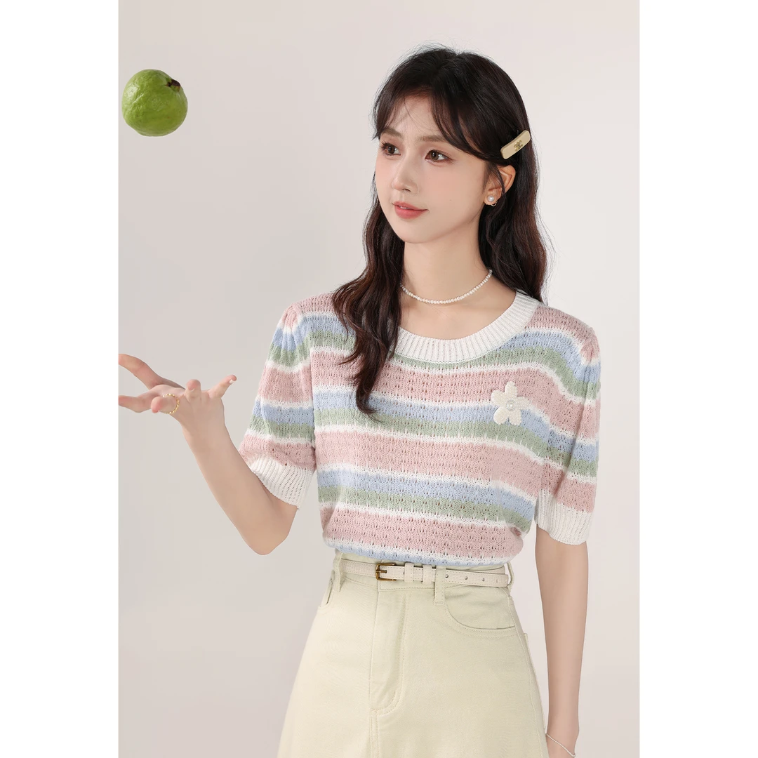 【金拐子专属】0441张汽水《冰淇淋与鲸》夏季圆领条纹甜美设计感短袖
