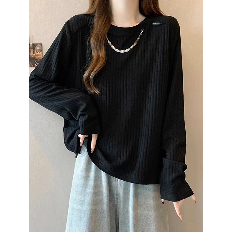 2024年秋冬新款韩版打底衫女简约时尚通勤宽松遮肉圆领长袖上衣女