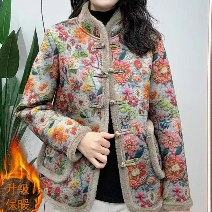 2024冬季新款加绒加厚新中式盘扣碎花棉衣时尚百搭中老年妈妈棉服
