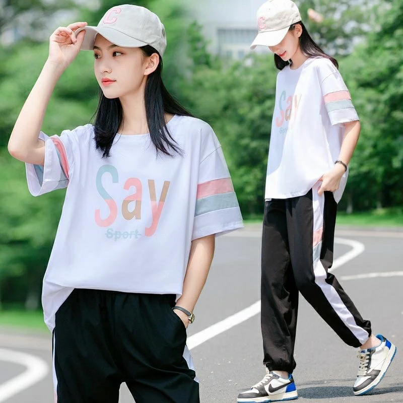 少女夏季运动服2024新款女孩休闲套装初中学生宽松两件套洋气服装