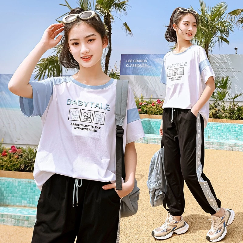 初中生夏季短袖休闲套装女学生青少年高中生宽松运动服时尚
