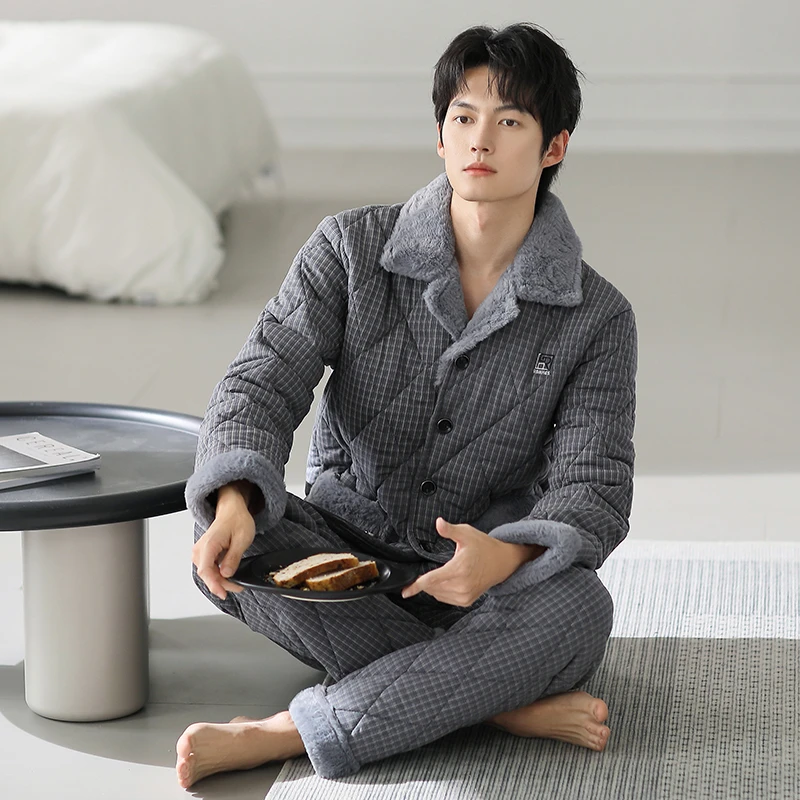 【三层厚夹棉】男士男生睡衣长袖冬季三层夹棉加绒冬款大棉袄家居服