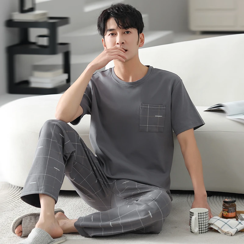 【凉感爽棉】睡衣男春夏季套装爽棉冰凉感圆领短袖长裤套头家居服