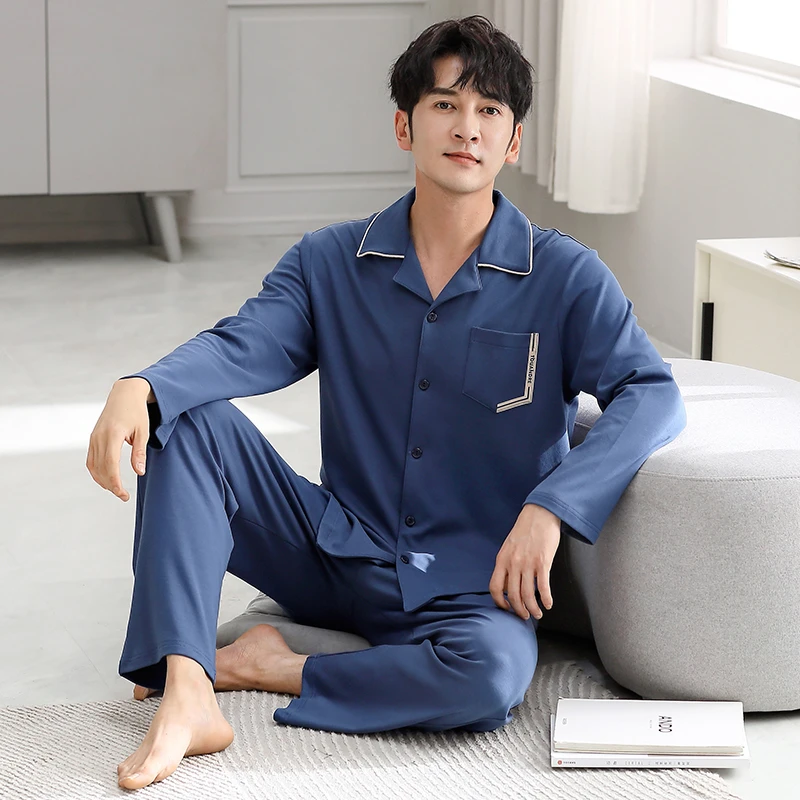【高档爽棉】纯棉男睡衣春秋季爽棉套装翻领开衫家居服长袖男士宽松