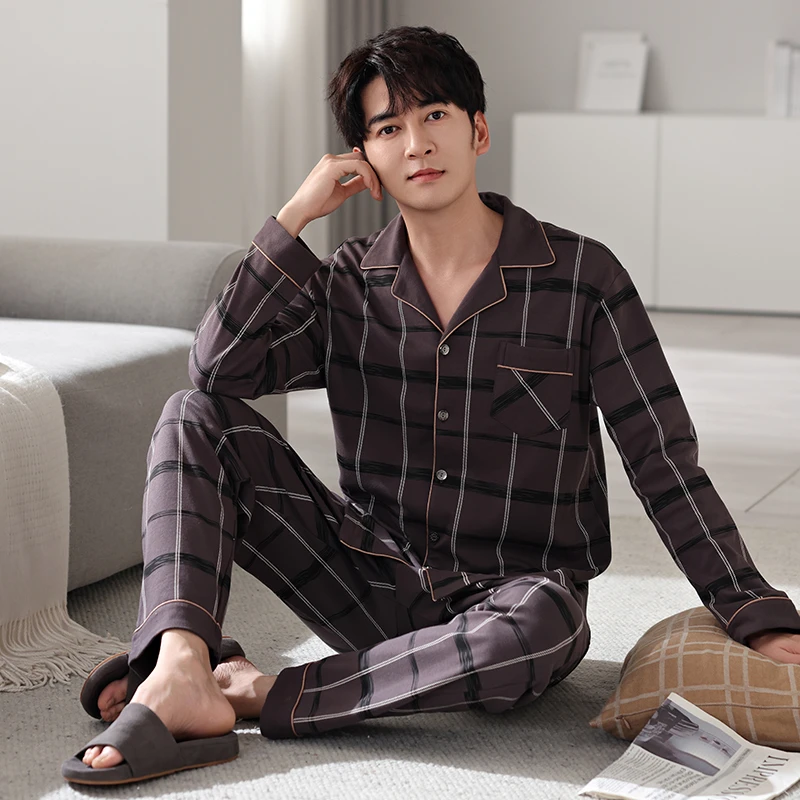 【高档纯棉】睡衣男春秋季套装翻领开衫家居服长袖全棉大码全棉中年
