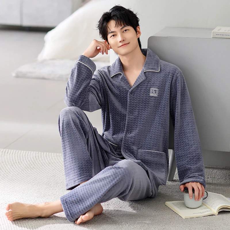 【抗静电海岛绒】男士睡衣秋冬季海岛绒长袖开衫家居服套装加厚加绒