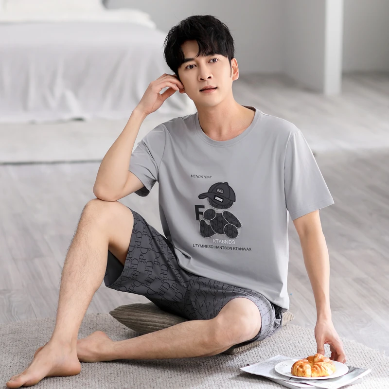 【凉感爽棉】纯棉男睡衣套装夏季高档圆领短袖短裤家居服青年薄款