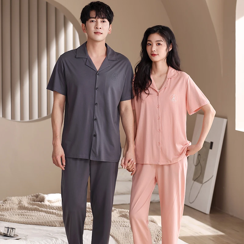 【高档莫代尔】睡衣男女情侣夏季莫代尔套装翻领短袖长裤女套装夏天